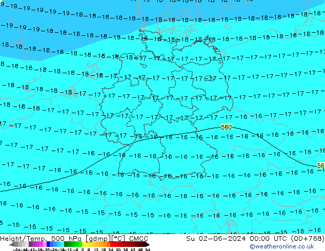 Height/Temp. 500 hPa CMCC 星期日 02.06.2024 00 UTC