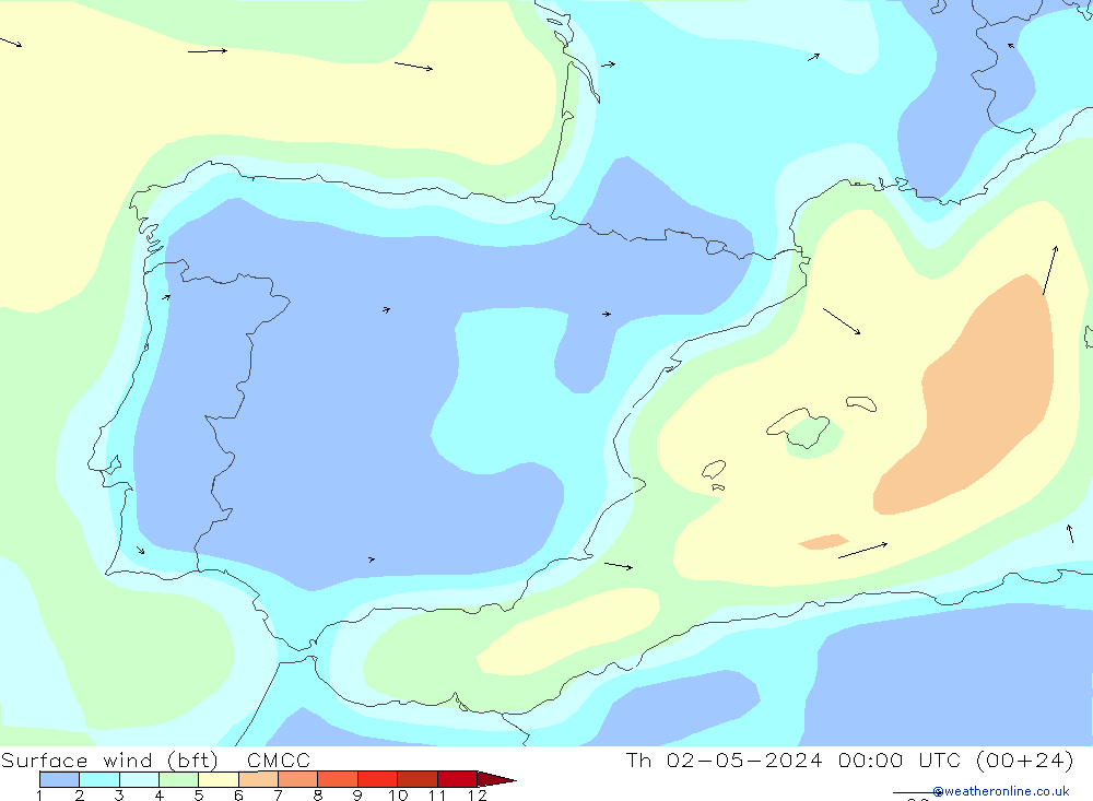 Rüzgar 10 m (bft) CMCC Per 02.05.2024 00 UTC