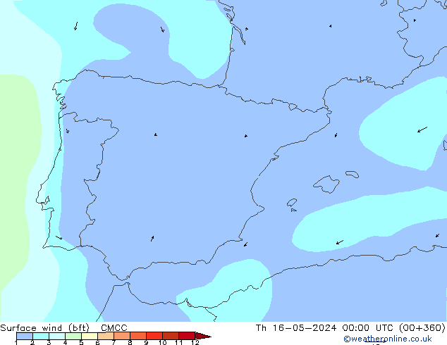 Surface wind (bft) CMCC Th 16.05.2024 00 UTC