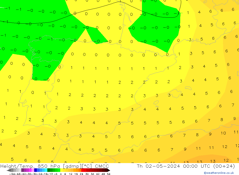 Géop./Temp. 850 hPa CMCC jeu 02.05.2024 00 UTC