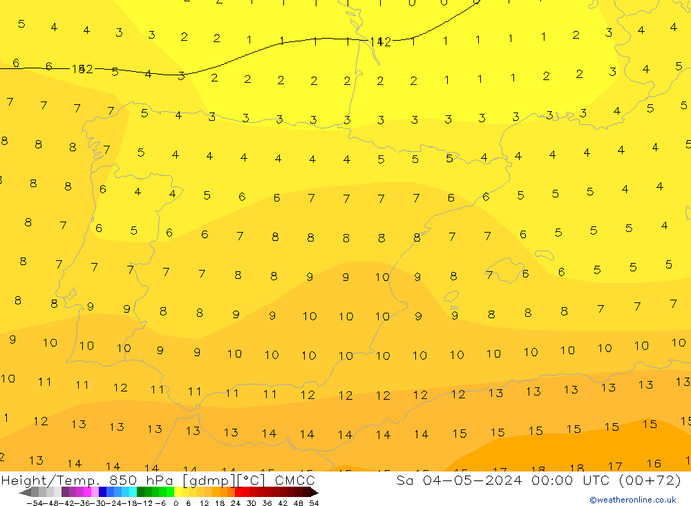 Geop./Temp. 850 hPa CMCC sáb 04.05.2024 00 UTC