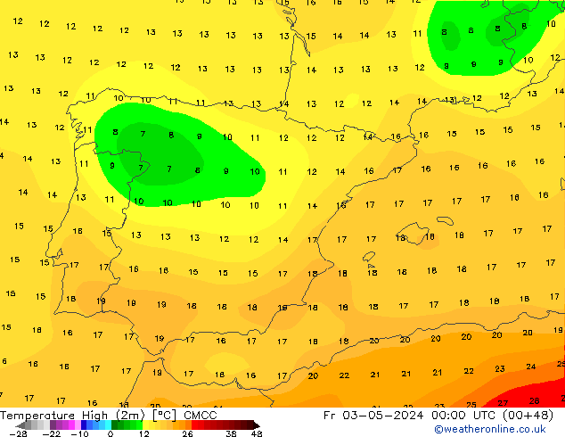 Nejvyšší teplota (2m) CMCC Pá 03.05.2024 00 UTC