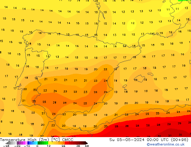 Temperature High (2m) CMCC Su 05.05.2024 00 UTC