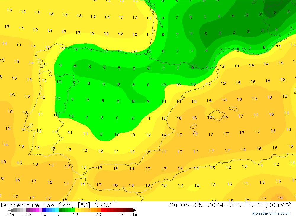 temperatura mín. (2m) CMCC Dom 05.05.2024 00 UTC