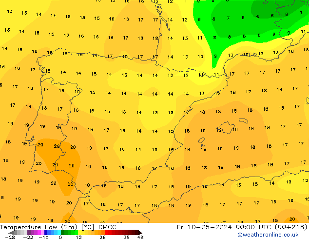 Temperatura mín. (2m) CMCC vie 10.05.2024 00 UTC