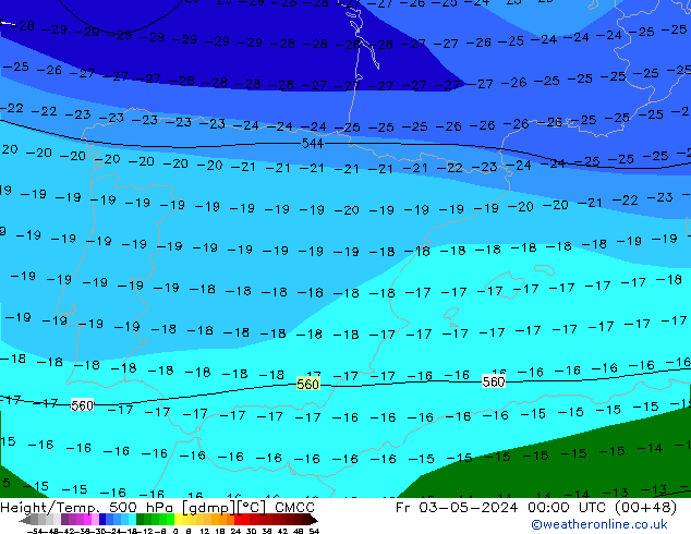 Geop./Temp. 500 hPa CMCC vie 03.05.2024 00 UTC