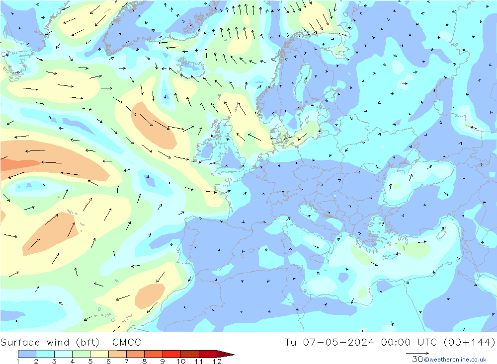 Wind 10 m (bft) CMCC di 07.05.2024 00 UTC