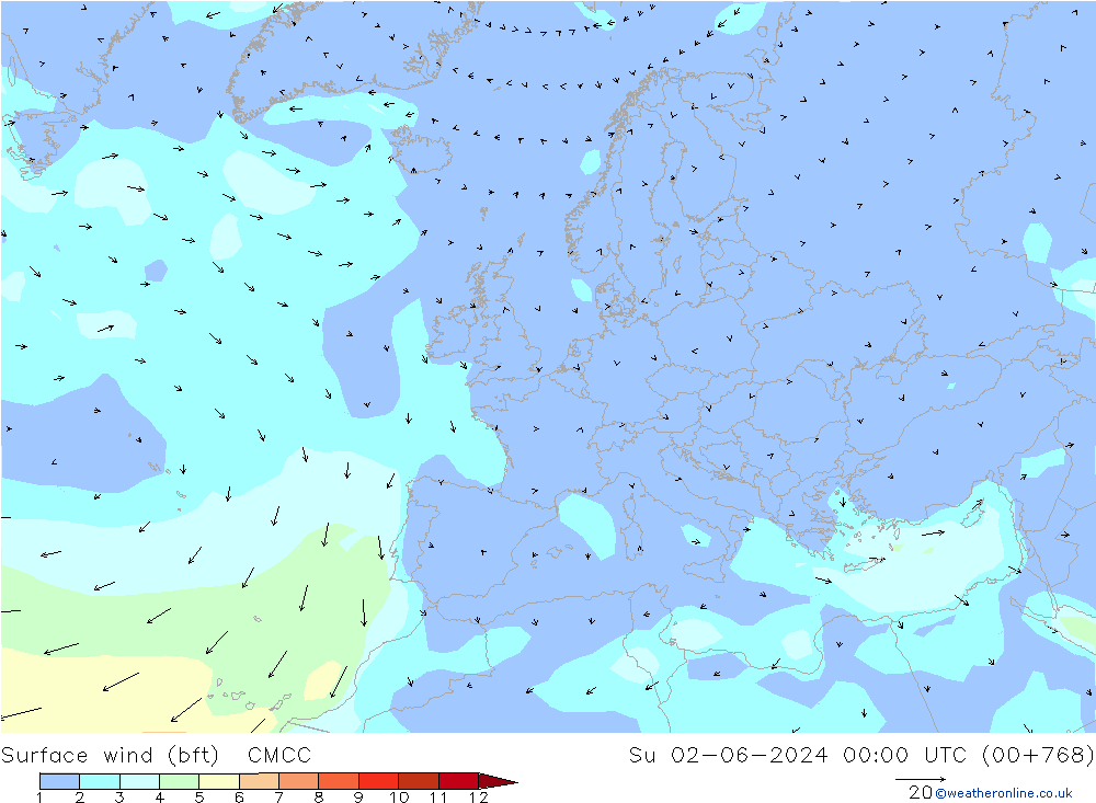 wiatr 10 m (bft) CMCC nie. 02.06.2024 00 UTC