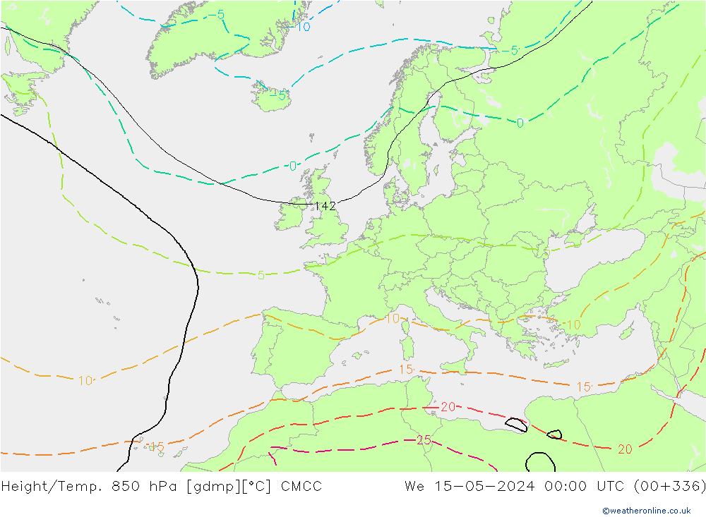 Geop./Temp. 850 hPa CMCC mié 15.05.2024 00 UTC