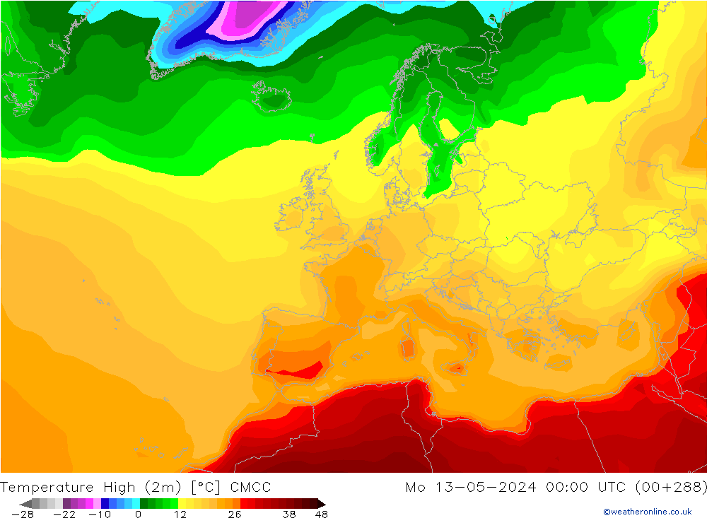Max.temperatuur (2m) CMCC ma 13.05.2024 00 UTC