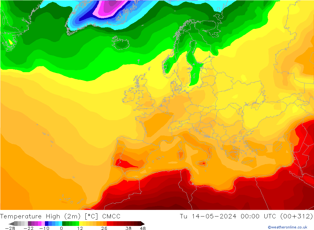 Max.temperatuur (2m) CMCC di 14.05.2024 00 UTC