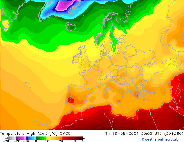 temperatura máx. (2m) CMCC Qui 16.05.2024 00 UTC