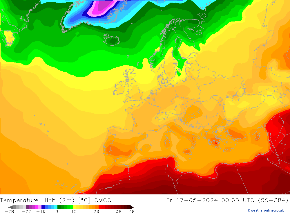 Max.temperatuur (2m) CMCC vr 17.05.2024 00 UTC