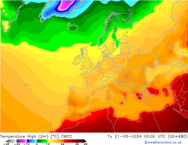 Max.temperatuur (2m) CMCC di 21.05.2024 00 UTC