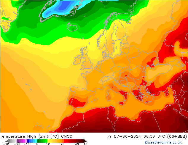 Max.temperatuur (2m) CMCC vr 07.06.2024 00 UTC