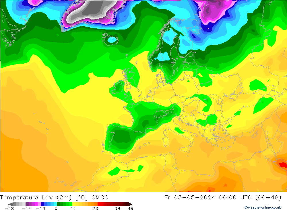 Temperature Low (2m) CMCC 星期五 03.05.2024 00 UTC