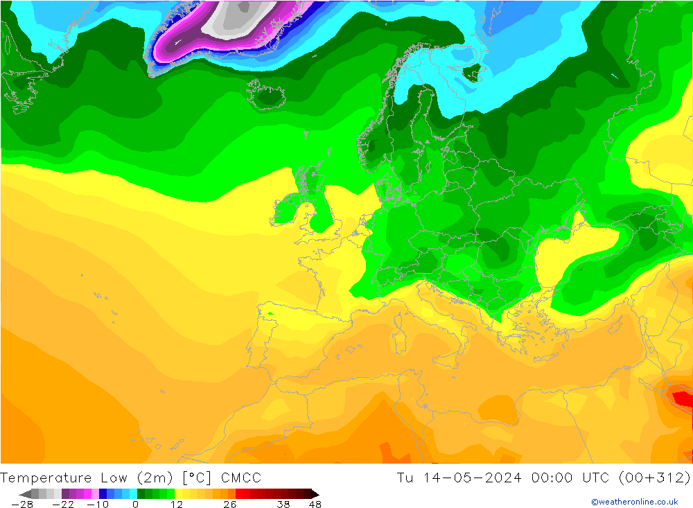 Temperature Low (2m) CMCC Tu 14.05.2024 00 UTC