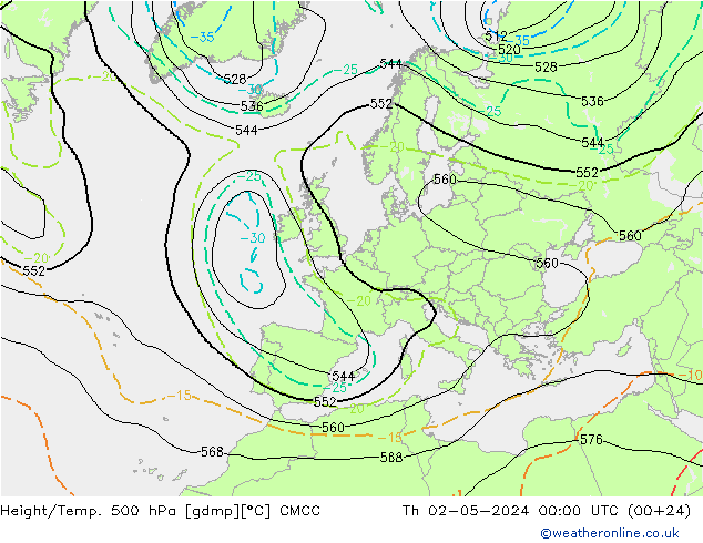 Yükseklik/Sıc. 500 hPa CMCC Per 02.05.2024 00 UTC