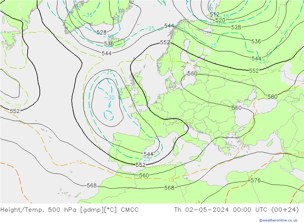 Hoogte/Temp. 500 hPa CMCC do 02.05.2024 00 UTC