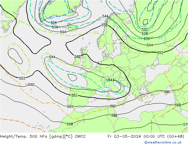 Hoogte/Temp. 500 hPa CMCC vr 03.05.2024 00 UTC