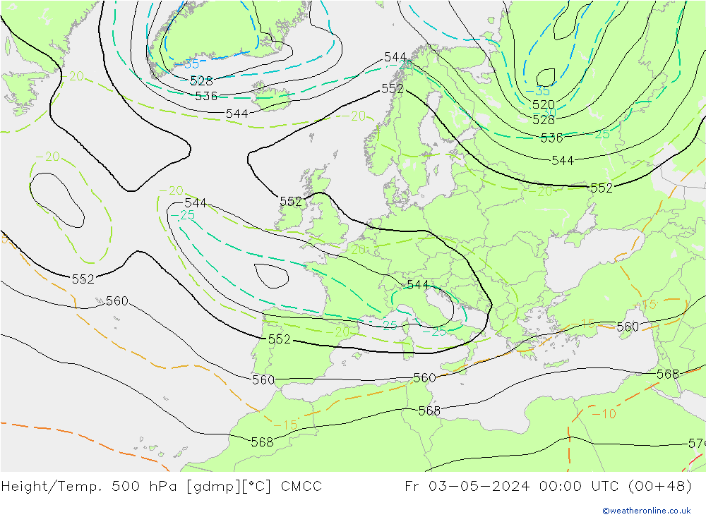 Geop./Temp. 500 hPa CMCC vie 03.05.2024 00 UTC