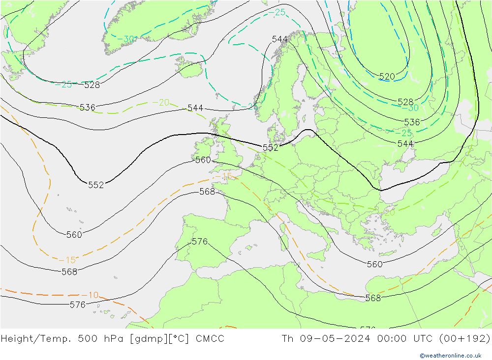 Hoogte/Temp. 500 hPa CMCC do 09.05.2024 00 UTC