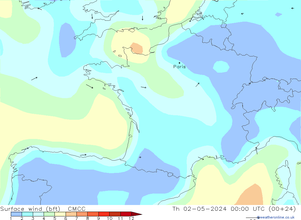 Surface wind (bft) CMCC Th 02.05.2024 00 UTC