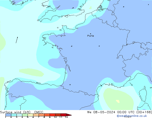 Wind 10 m (bft) CMCC wo 08.05.2024 00 UTC