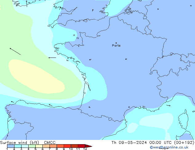 Surface wind (bft) CMCC Čt 09.05.2024 00 UTC