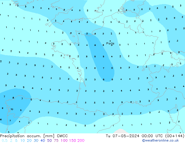 Precipitation accum. CMCC wto. 07.05.2024 00 UTC