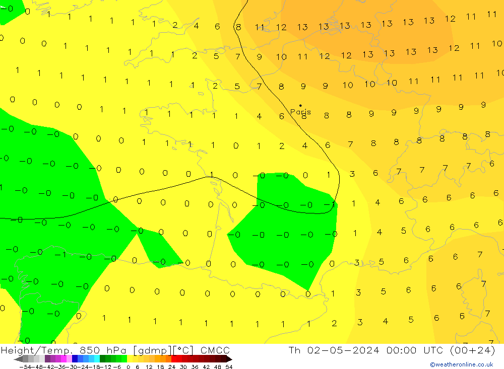 Height/Temp. 850 hPa CMCC gio 02.05.2024 00 UTC