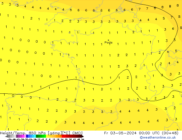 Hoogte/Temp. 850 hPa CMCC vr 03.05.2024 00 UTC