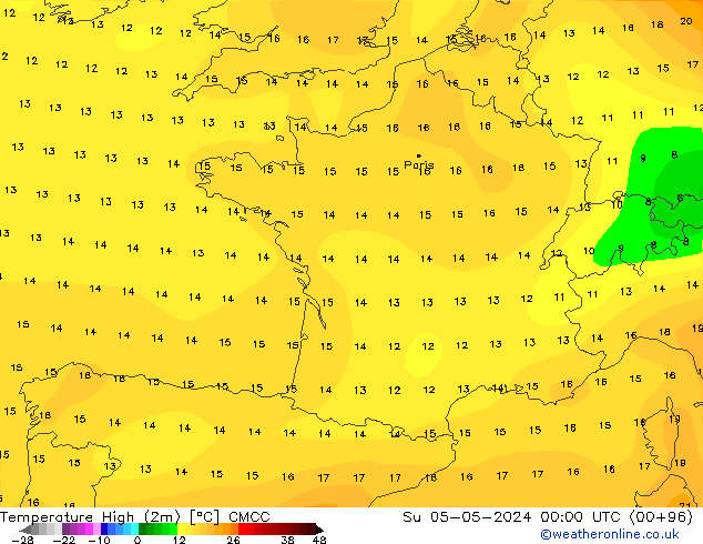 Max.temperatuur (2m) CMCC zo 05.05.2024 00 UTC