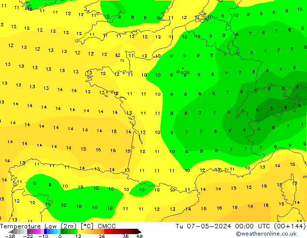 temperatura mín. (2m) CMCC Ter 07.05.2024 00 UTC