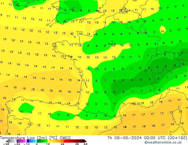 Min. Temperatura (2m) CMCC czw. 09.05.2024 00 UTC