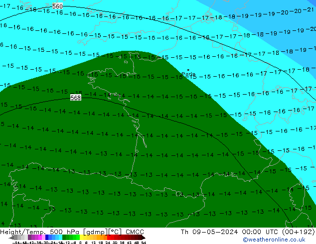 Geop./Temp. 500 hPa CMCC jue 09.05.2024 00 UTC