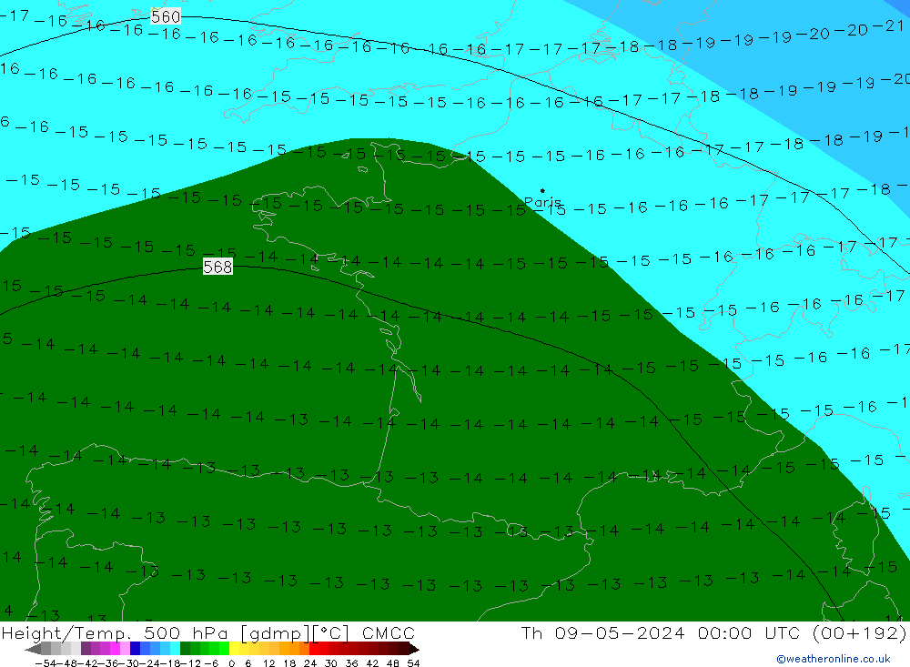 Geop./Temp. 500 hPa CMCC jue 09.05.2024 00 UTC