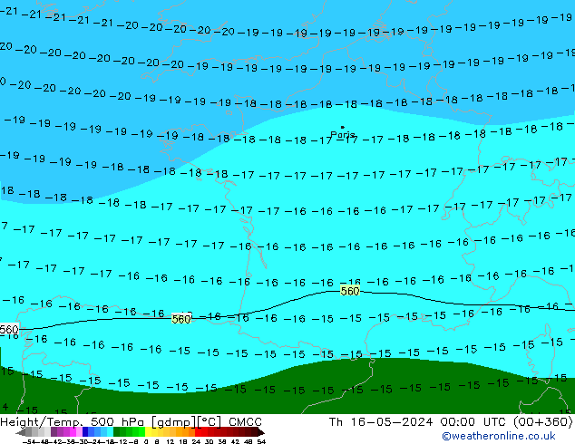 Height/Temp. 500 hPa CMCC Th 16.05.2024 00 UTC