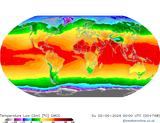 Min.temperatuur (2m) CMCC zo 02.06.2024 00 UTC