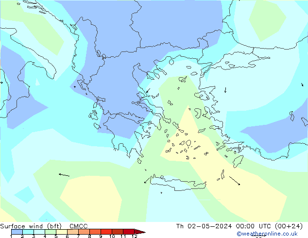 Surface wind (bft) CMCC Čt 02.05.2024 00 UTC