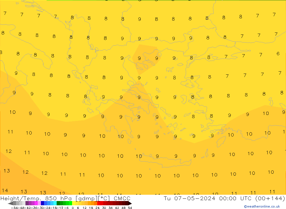 Height/Temp. 850 hPa CMCC wto. 07.05.2024 00 UTC