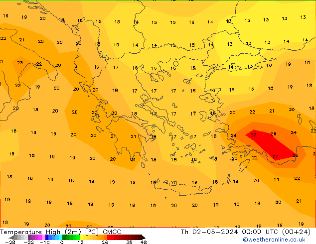 Nejvyšší teplota (2m) CMCC Čt 02.05.2024 00 UTC