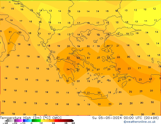 Nejvyšší teplota (2m) CMCC Ne 05.05.2024 00 UTC