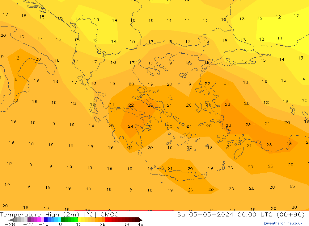 Max.temperatuur (2m) CMCC zo 05.05.2024 00 UTC