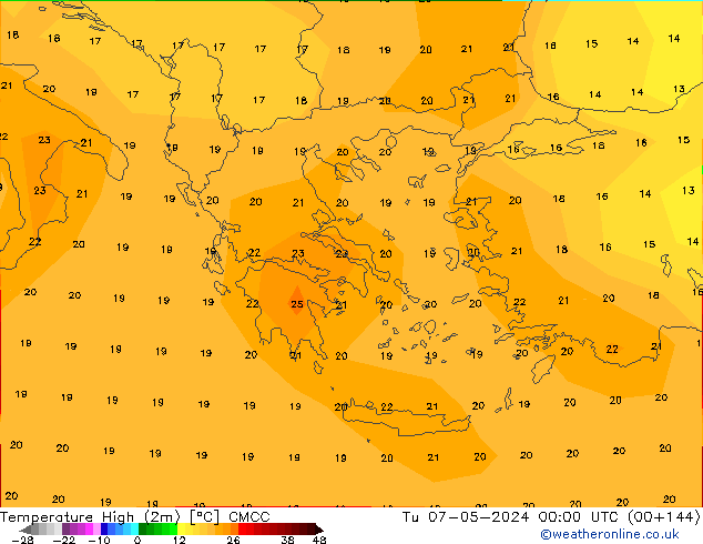 Max.temperatuur (2m) CMCC di 07.05.2024 00 UTC
