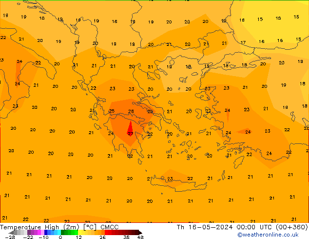 Temp. massima (2m) CMCC gio 16.05.2024 00 UTC