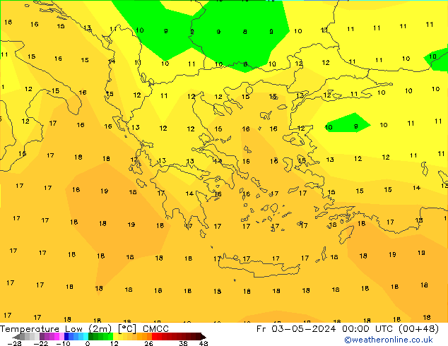 temperatura mín. (2m) CMCC Sex 03.05.2024 00 UTC
