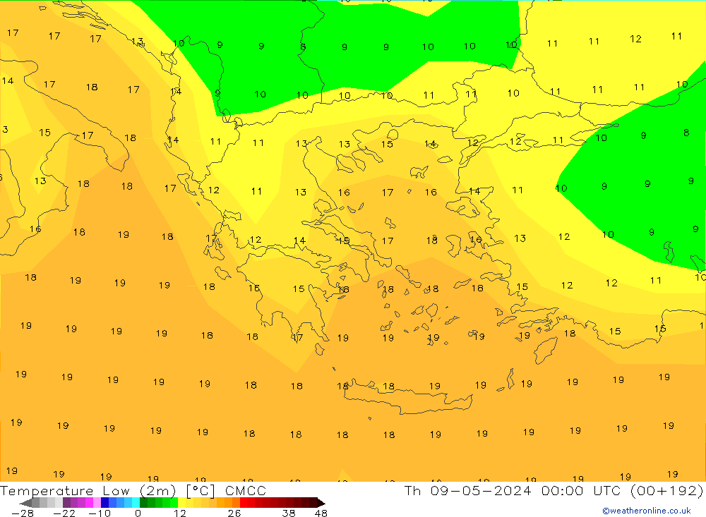 Min.temperatuur (2m) CMCC do 09.05.2024 00 UTC