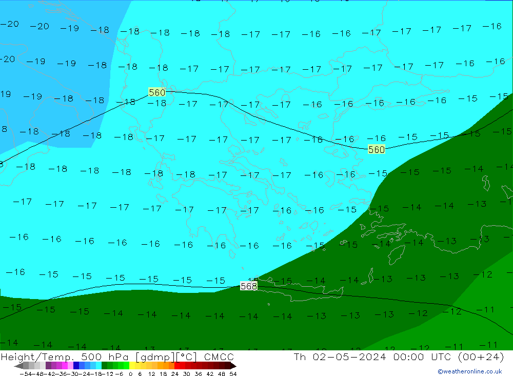 Height/Temp. 500 hPa CMCC czw. 02.05.2024 00 UTC