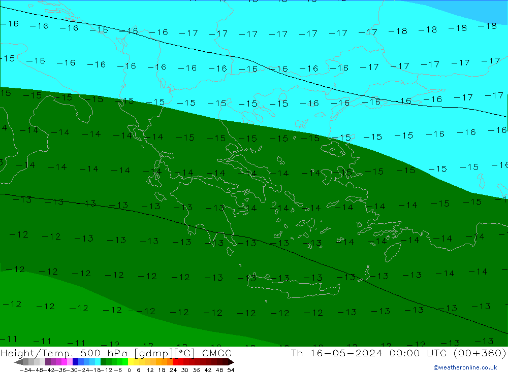 Height/Temp. 500 hPa CMCC Čt 16.05.2024 00 UTC